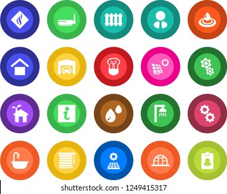 Round color solid flat icon set - greenhouse vector, warehouse storage, sun panel, garage, estate agent, bathroom, eco house, router, gear, water, smoke detector, radiator, bulb, outdoor lamp