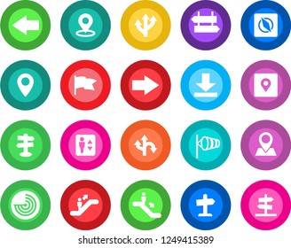 Round color solid flat icon set - elevator vector, escalator, signpost, right arrow, left, wind, radar, route, pin, download, place tag, compass, flag, guidepost