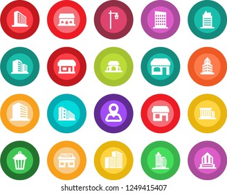 Round color solid flat icon set - shop vector, office building, garden light, navigation, store, city house, cafe, storefront