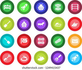 Round color solid flat icon set - job vector, garden fork, shovel, lady bug, caterpillar, pond, rack, rent, bacon, open close, rocket