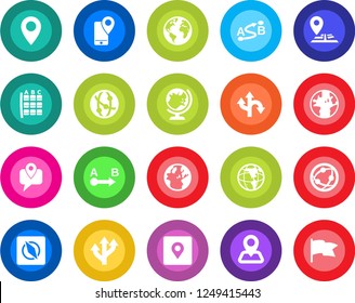 Round color solid flat icon set - globe vector, seat map, route, navigation, earth, pin, mobile tracking, network, place tag, compass, flag
