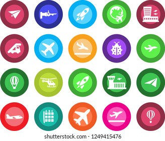 Round color solid flat icon set - plane vector, departure, arrival, ladder car, boarding, helicopter, seat map, globe, airport building, lady bug, rocket, paper, air balloon
