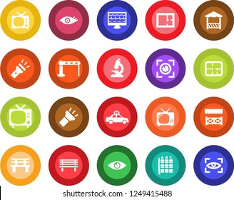 Round color solid flat icon set - barrier vector, tv, alarm car, seat map, bench, monitor pulse, microscope, eye, torch, plan, alcove, scan