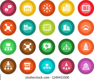 Round color solid flat icon set - hierarchy vector, well, molecule, hospital, office building, garage, plan, home message