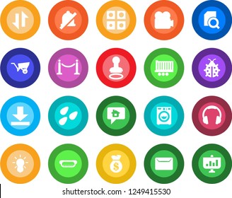 Round color solid flat icon set - fence vector, stamp, wheelbarrow, lady bug, seeds, truck trailer, video camera, headphones, data exchange, download, mute, application, document search, mail, bulb