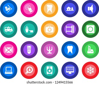 Round color solid flat icon set - monitor pulse vector, ambulance car, tooth, caries, sea port, container, film frame, camera, speaker, remote control, touch screen, radio phone, record, notebook pc
