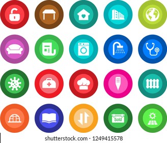 Round color solid flat icon set - waiting area vector, shower, book, plant label, greenhouse, doctor case, stethoscope, virus, earth, news, data exchange, sold signboard, office building, lock