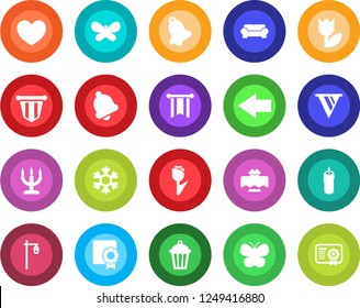 Round color solid flat icon set - left arrow vector, pennant, butterfly, garden light, heart, tulip, bell, sertificate, cushioned furniture, restaurant table, candle, snowflake, pennon, certificate