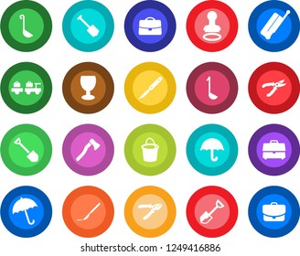 Round color solid flat icon set - suitcase vector, umbrella, stamp, baggage larry, job, shovel, bucket, pruner, axe, scalpel, fragile, case, ladle