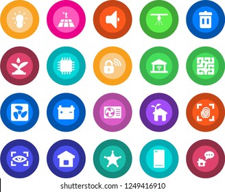 Round color solid flat icon set - phone back vector, smart home, chip, eco house, fingerprint, fan, wireless lock, irrigation, air conditioner, warm floor, bulb, sound, garage gate control, eye scan