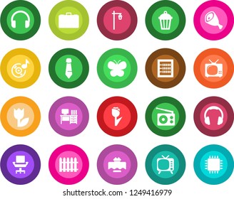 Round color solid flat icon set - case vector, desk, tie, fence, butterfly, garden light, tulip, radio, tv, headphones, music, abacus, office chair, restaurant table, ham, chip