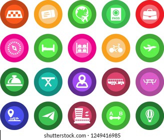 Round color solid flat icon set - taxi vector, airport bus, ticket, reception bell, passport, luggage storage, plane globe, building, case, picnic table, bike, navigation, route, compass, bedroom