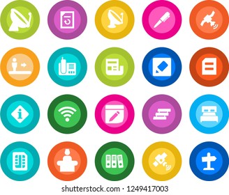 Round color solid flat icon set - satellite antenna vector, escalator, reception, pen, document, reload, radio phone, sim, notes, wireless, news, paper binder, tray, bedroom, information, guidepost