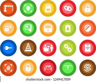 Round color solid flat icon set - barrier vector, passport control, border cone, lock, shield, chain, sd, face id, key, vip zone, fingerprint, wireless, home app, pass card, sprinkler