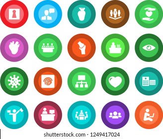 Round color solid flat icon set - dispatcher vector, female, manager place, heart hand, real, eye, joint, hospital, virus, speaker, fingerprint id, desk, meeting, company, group, hierarchy