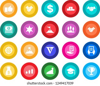 Round color solid flat icon set - handshake vector, growth statistic, dollar sign, pedestal, graduate, money bag, document, finger up, target, police, arrow graph, motivation, pennon, cash