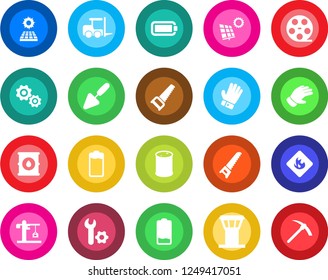 Round color solid flat icon set - airport tower vector, fork loader, trowel, glove, saw, flammable, oil barrel, reel, battery, low, root setup, sun panel, crane, gear, hard work