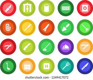 Round color solid flat icon set - security gate vector, trowel, farm fork, rake, pruner, saw, hoe, garden knife, scalpel, cargo container, oil barrel, pause button, paper clip, heater, dish, ladle