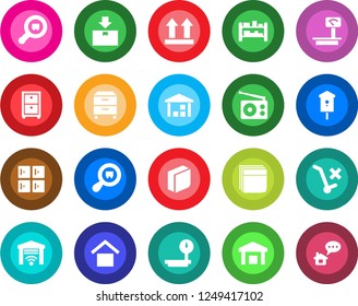 Round color solid flat icon set - checkroom vector, bird house, warehouse storage, up side sign, no trolley, package, heavy scales, search cargo, rack, radio, blank box, archive, garage gate control
