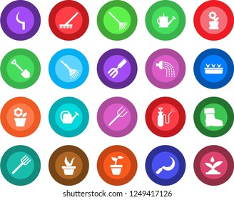 Round color solid flat icon set - job vector, flower in pot, garden fork, farm, rake, seedling, watering can, boot, sickle, sprayer, irrigation