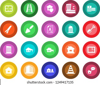 Round color solid flat icon set - border cone vector, airport building, office, trowel, shovel, ladder, saw, hospital, house, with garage, tree, plan, estate document, sweet home, city, message