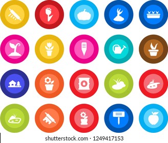 Round color solid flat icon set - flower in pot vector, seedling, watering can, sproute, plant label, pumpkin, pond, tulip, oil barrel, house with tree, rolling pin, apple fruit