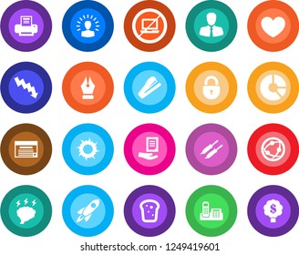 Round color solid flat icon set - no laptop vector, lock, crisis graph, brainstorm, document, circle chart, sun, heart, client, network, ink pen, office phone, printer, stapler, bread, kebab, rocket