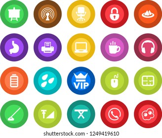 Round color solid flat icon set - vip vector, office chair, mouse, presentation board, hoe, seeds, picnic table, stomach, antenna, headphones, laptop pc, battery, lock, cellular signal, printer