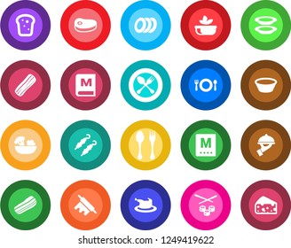 Round color solid flat icon set - spoon and fork vector, cafe, menu, salad, plates, bacon, waiter, bread, chicken, steak, kebab, bowl, rolling pin, sushi, cheese