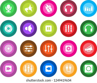 Round color solid flat icon set - vinyl vector, flame disk, speaker, loudspeaker, settings, equalizer, microphone, headphones, pause button, fast forward, rewind, rec, rca, tuning, record