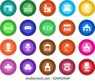 Round color solid flat icon set - cafe vector, office chair, desk, fireplace, lamp, bedroom, children room, cushioned furniture, restaurant table, alcove