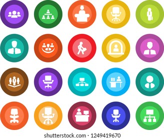 Round color solid flat icon set - reception vector, office chair, manager place, client, company, desk, hierarchy, estate agent, group