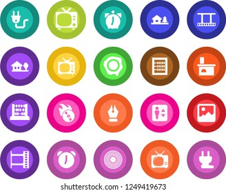 Round color solid flat icon set - elevator vector, tv, abacus, stamp, fireplace, film frame, vinyl, flame disk, gallery, alarm, ink pen, house with tree, power plug