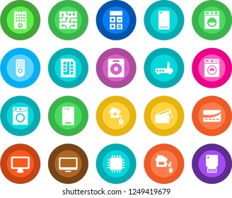 Round color solid flat icon set - washer vector, calculator, monitor, speaker, phone back, sim, credit card, home control, chip, remote, router, usb flash