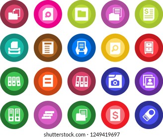 Round color solid flat icon set - office binder vector, document search, receipt, folder, photo gallery, paper, tray, archive box, usb flash