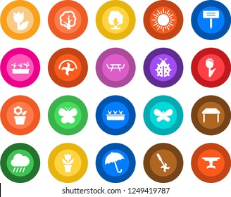 Round color solid flat icon set - umbrella vector, sun, flower in pot, ripper, tree, butterfly, lady bug, seedling, rain, plant label, picnic table, tulip