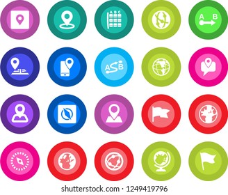Round color solid flat icon set - globe vector, seat map, navigation, earth, pin, mobile tracking, route, network, place tag, compass, flag
