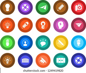 Round color solid flat icon set - automatic door vector, brainstorm, bulb, camera, pencil, fence, rolling pin, energy saving, shining head, idea, paper plane, crisis management
