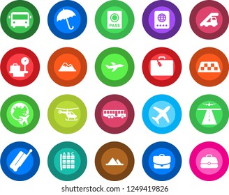Round color solid flat icon set - runway vector, taxi, suitcase, airport bus, umbrella, passport, ladder car, helicopter, seat map, luggage scales, plane globe, mountains, case