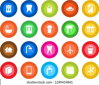 Round color solid flat icon set - trash bin vector, shower, bucket, tooth, mobile, blank box, water supply, bathroom, serviette, filter, windmill