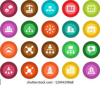 Round color solid flat icon set - hierarchy vector, well, molecule, hospital, office building, garage, plan, home message