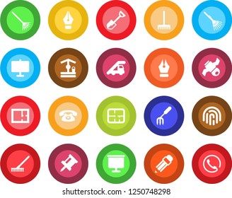 Round color solid flat icon set - ladder car vector, garden fork, shovel, rake, well, satellite, fingerprint id, presentation board, drawing pin, ink pen, pencil, plan, phone