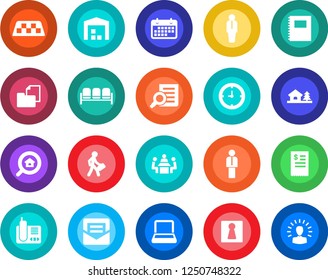 Round color solid flat icon set - taxi vector, female, waiting area, manager, document search, clock, term, folder, radio phone, mail, copybook, meeting, notebook pc, house with tree, warehouse