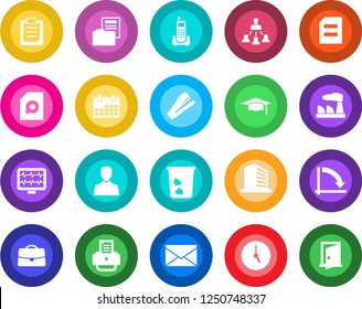Round color solid flat icon set - trash bin vector, mail, office building, graduate, document, crisis graph, calendar, factory, printer, monitor pulse, phone, user, clock, clipboard, case, folder