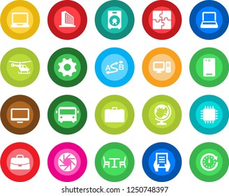 Round color solid flat icon set - airport bus vector, cafe, globe, helicopter, office building, case, document, route, monitor, laptop pc, speaker, phone back, mobile camera, settings, application