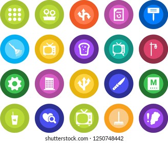Round color solid flat icon set - tv vector, document reload, rake, plant label, garden light, heart diagnostic, route, menu, settings, flower in pot, city house, phyto bar, bread, knife