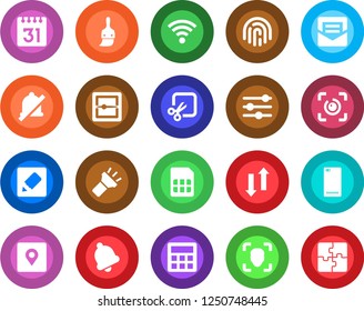 Round color solid flat icon set - phone back vector, tuning, themes, calculator, bell, mail, scanner, sim, calendar, notes, data exchange, wireless, torch, mute, cut, place tag, face id, eye