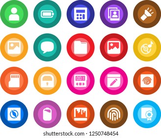 Round color solid flat icon set - message vector, gallery, user, calculator, stopwatch, scanner, sd, folder, notes, torch, compass, lock, fingerprint id, music, photo, battery, sertificate