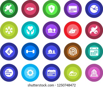 Round color solid flat icon set - sun vector, barbell, heart hand, eye, satellite, term, protect, network, calendar, fingerprint id, pie graph, house with tree, pond, snowflake, smoke detector