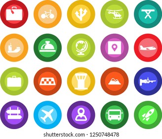 Round color solid flat icon set - airport tower vector, taxi, suitcase, bus, signpost, reception bell, globe, boarding, plane, helicopter, case, picnic table, bike, route, navigation, sea shipping